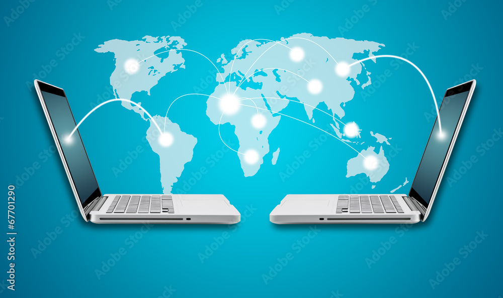 Poster technology computer laptop and networking concept with map