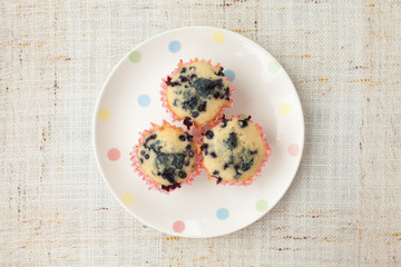 Homemade blueberry muffins in paper cupcake holder