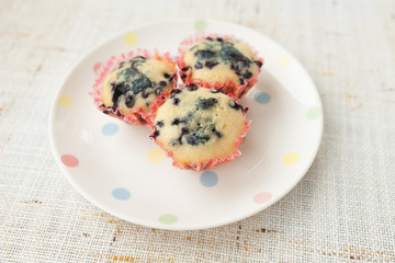 Homemade blueberry muffins in paper cupcake holder