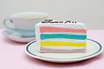 Rainbow cake with coffee