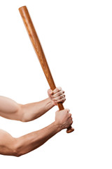 Angry man muscular hand holding baseball sport bat