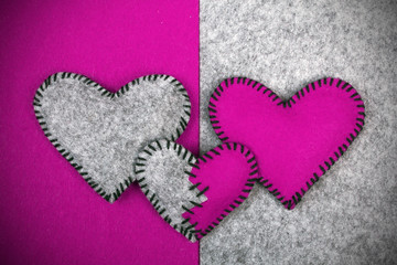 felt hearts on two different backgrounds, valentines composition