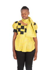 Fototapeta premium Beautiful black woman doing different expressions in different sets of clothes: love