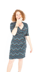 Beautiful woman doing different expressions in different sets of clothes: yawning