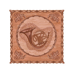 French horn and oak woodcarving hunting theme vector