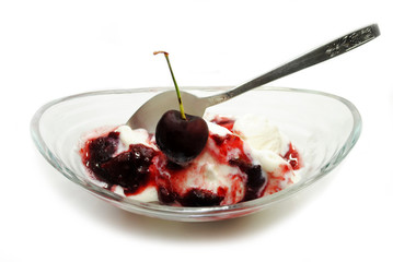 Eating Creamy Vanilla Ice Cream with Fresh Cherries