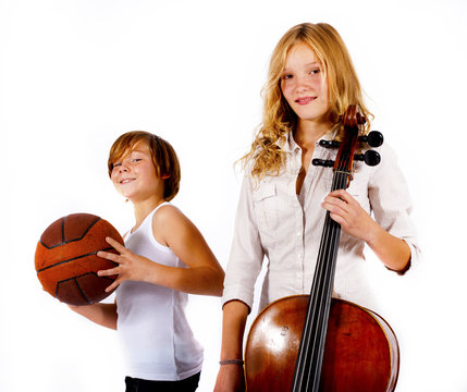 boy with basketball and girl with double bass