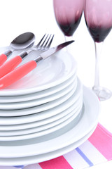 Set of white dishes close-up