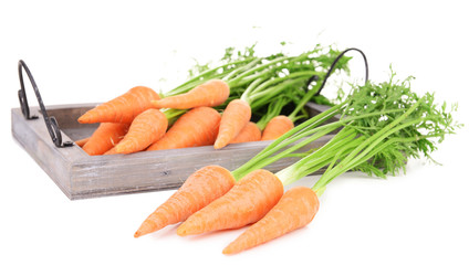 Fresh carrot with leaves on wooden tray isolated on white