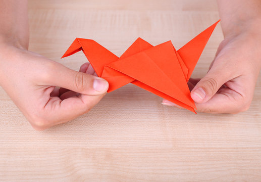 Hands Holding Origami Crane On Wooden Table