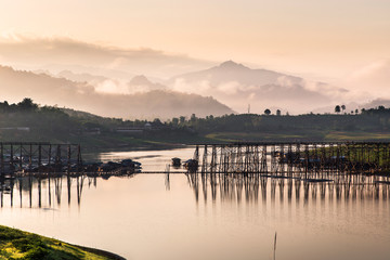 morning at wooden bridge the second longest in thailand