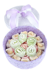 Tasty Turkish delight in present box isolated on white