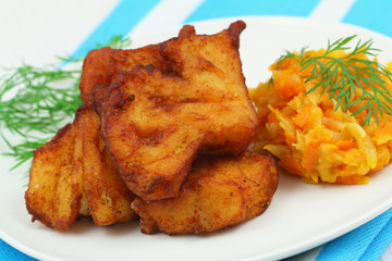 Crispy cod pieces, close up