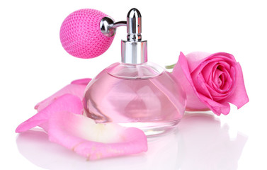 Perfume bottle with rose isolated on white