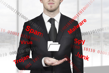 businessman holding folder symbol internet attack