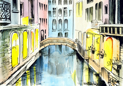 watercolor painting - сanal in Venice