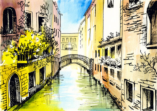 watercolor painting - сanal in Venice