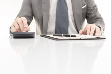 business report and man hand. Accounting