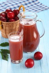 plum juice in a glass and pitcher, plums in a wicker basket