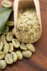 Green coffee beans with leaf