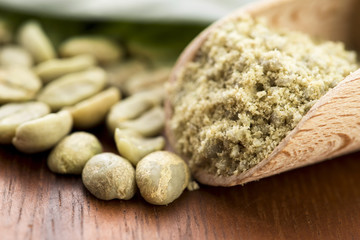 Green coffee beans with leaf