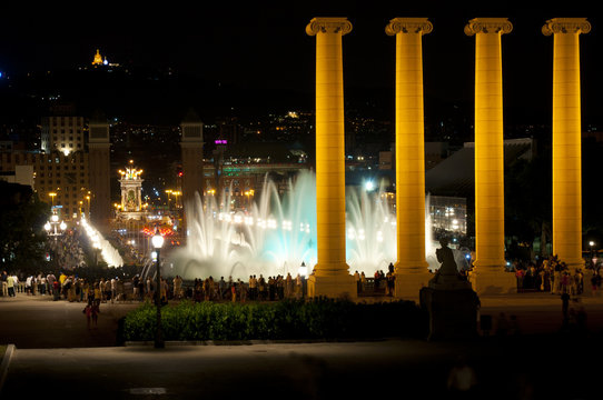 Magic fountains situated in Montjuich mountain, Barcelona, Spain