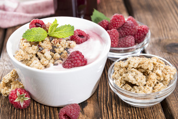 Bowl with fresh made Raspberry Yogurt