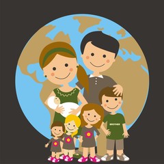 Familia numerosa. Personajes infantiles. Fondo oscuro con la imagen de la Tierra. Ilustraci&oacute;n vectorial