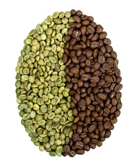 Symbol of coffee bean with green and roasted beans