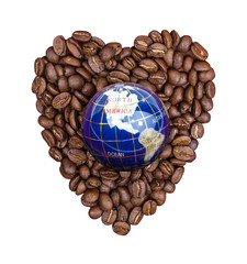 Eath globe in a coffee heart