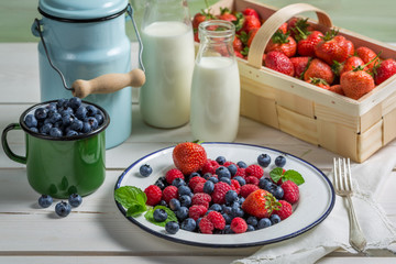 Fresh berry fruits with milk
