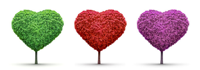 Set of heart-shaped trees of different colors, isolated