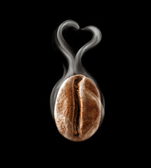 Hot coffee bean in a heart-shaped steam