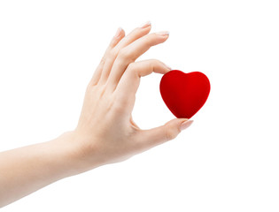 Woman's hand holding little red heart
