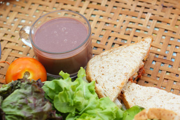 Hot chocolate and tuna sandwich.