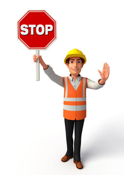 Young worker with stop sign