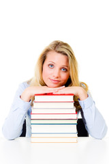 young woman with a pileof books