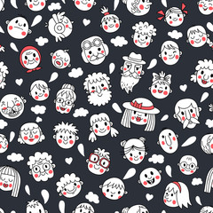 Funny cartoon faces. Seamless pattern.
