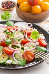 Greek salad with feta cheese on a plate, vertical