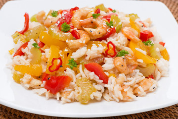 rice with vegetables with shrimp, close-up
