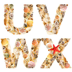 Letter U V W X made of seashells and sand