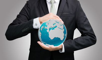 Businessman standing posture hand holding Earth icon isolated