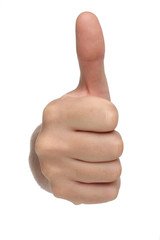 Male hand sign with thumb up. Isolated concept