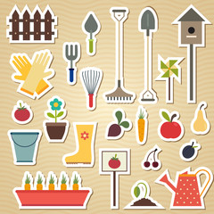 Garden and gardening tools icon set on a light wavy background