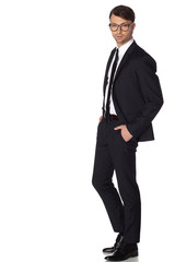 Obraz na płótnie Canvas Business man in black suite on white background