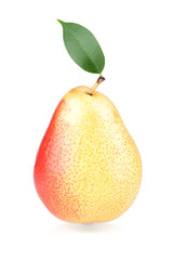 Ripe pear with green leaf