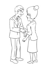Cartoon of a businessman and businesswoman shaking hands
