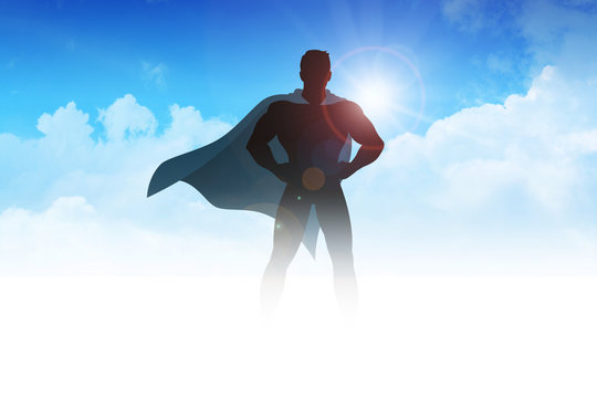 Silhouette illustration of a superhero on clouds