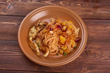 homemade spaghetti, chicken fillet zucchini