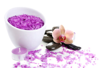 Obraz na płótnie Canvas Color sea salt in glass bowl, spa stones and orchid flower,